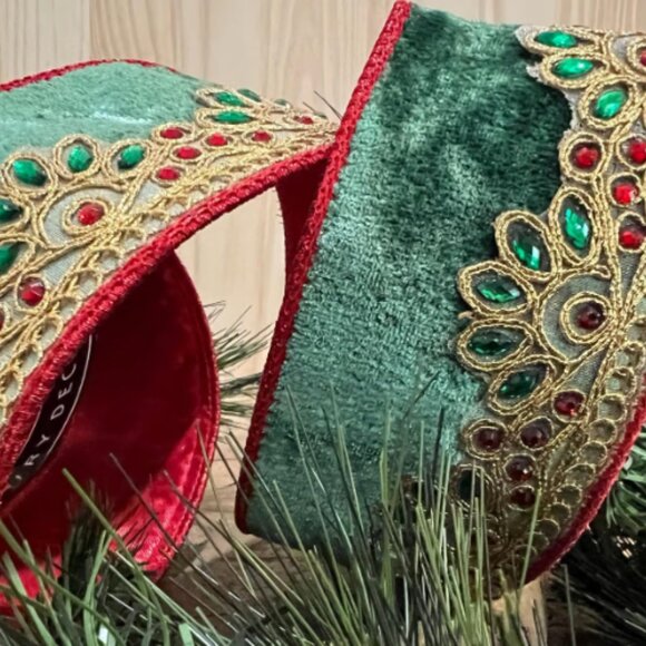 Green Scrolled Jewel Velvet Ribbon Christmas Trim Trimming Craft Supplies - Picture 4 of 7